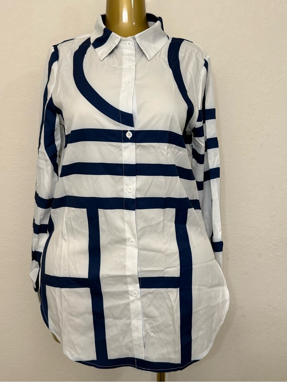 Women's Navy Grid Print Button-Down Shirt